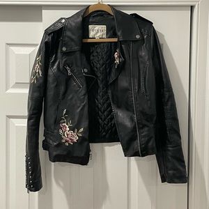 Guess los angeles flower embroidered leather jacket